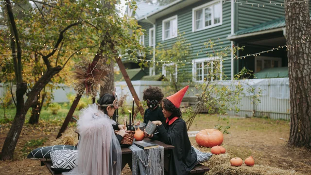 Three children in playful Halloween costumes at a picnic table with pumpkins.