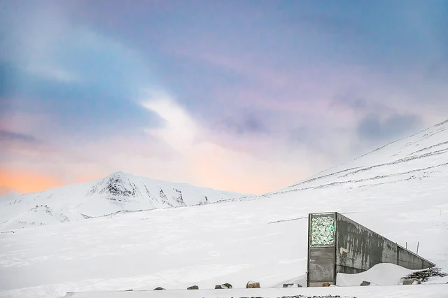 The Svalbard Global Seed Vault entrance sits in snow under a pastel Arctic sky.