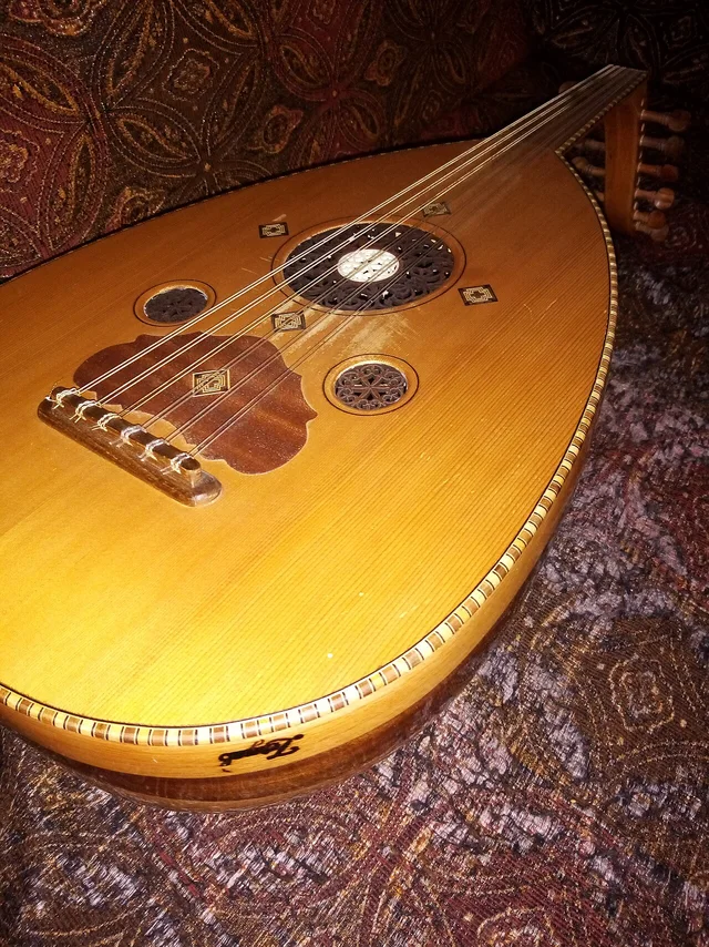 Close-up of the strings and carved sound holes of a wooden oud.