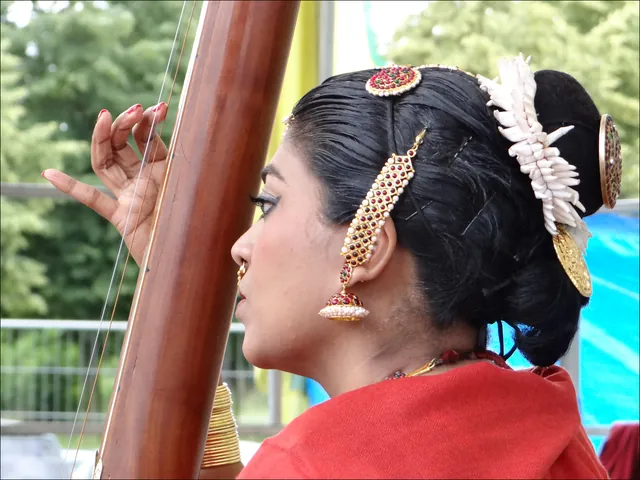 A musician with a tanpura, an Indian classical music instrument.