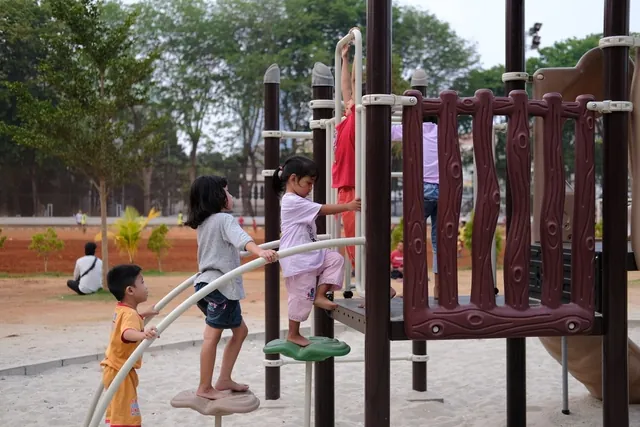 Children climbing and playing outdoors; representative playground activity photo