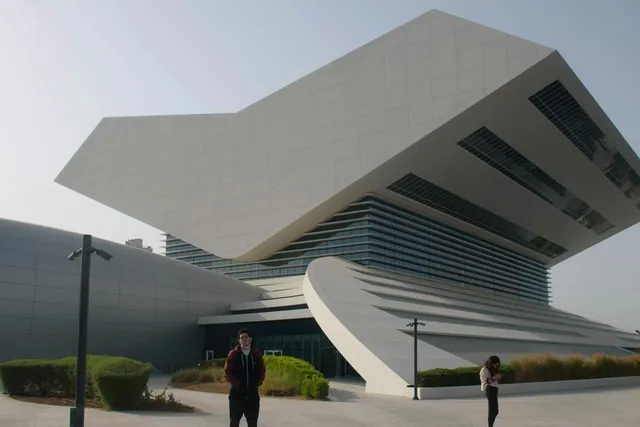 The distinctive folded roof and exterior of Mohammed Bin Rashid Library in Dubai.
